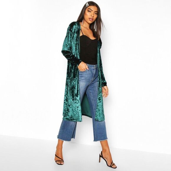 Sway Crushed Velvet Duster Kimono in Green Size Medium - Picture 1 of 7